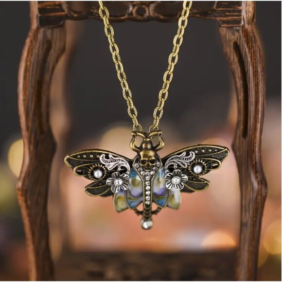 Gothic Steampunk Style Moth Pendant Necklace - Picture 3 of 3